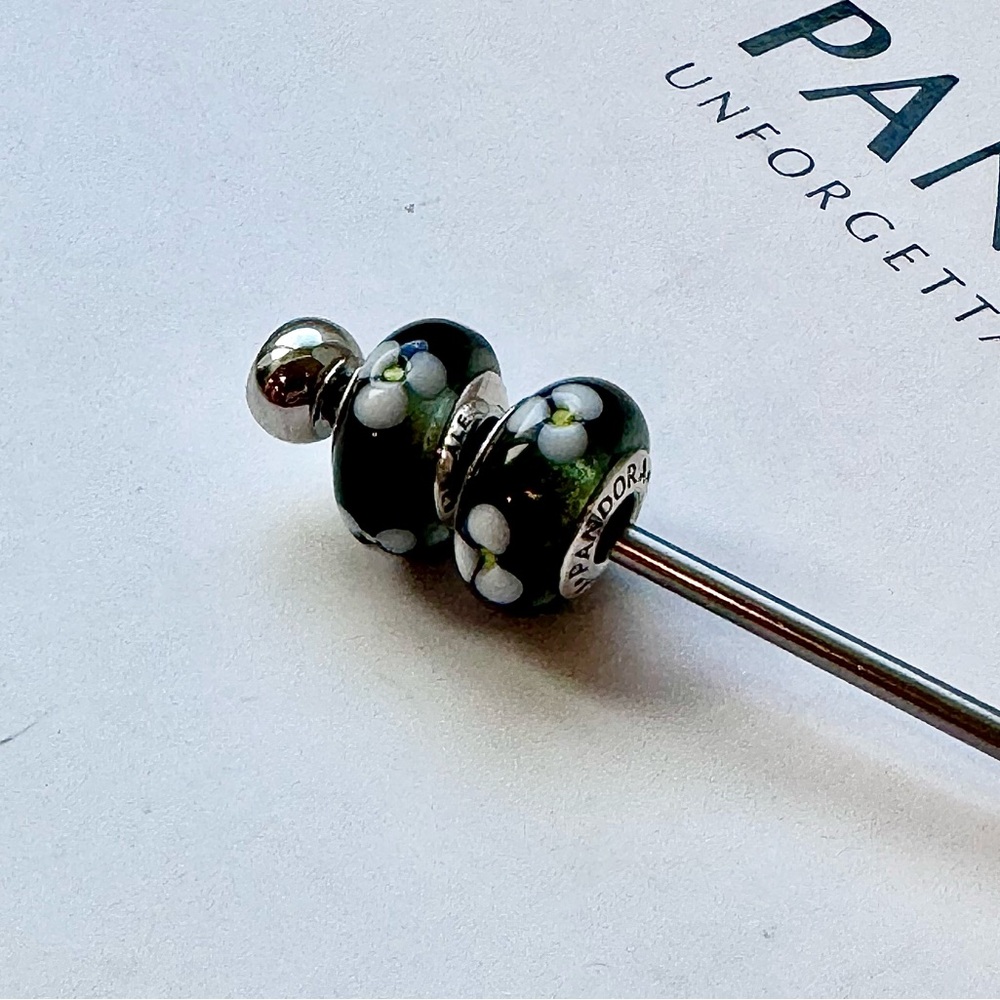 Pandora Lot/2 Black Flowers Murano Glass Charm